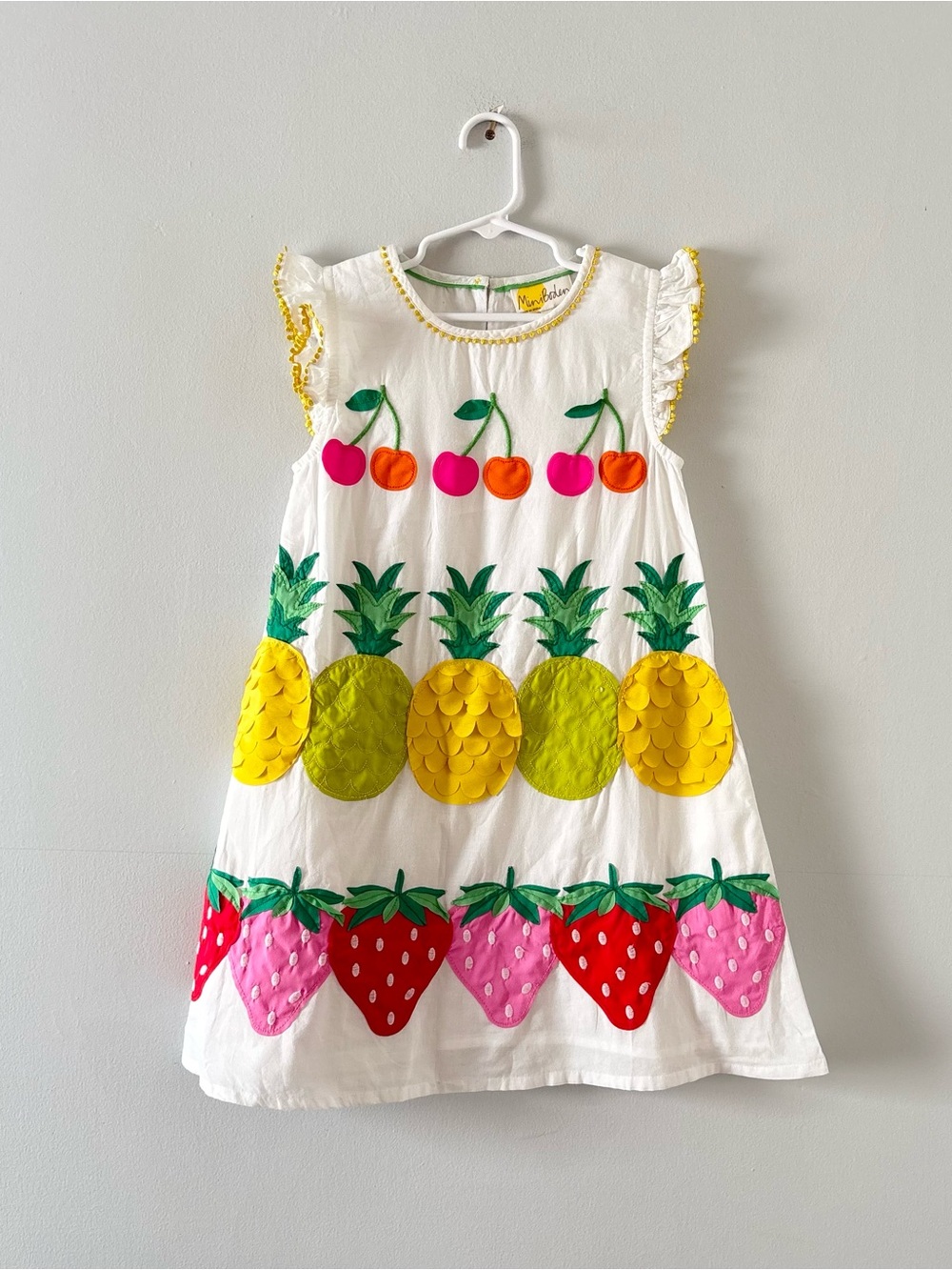 Mini Boden Big Appliqué Woven Dress with Fruits Printed Short Sleeve Frilly